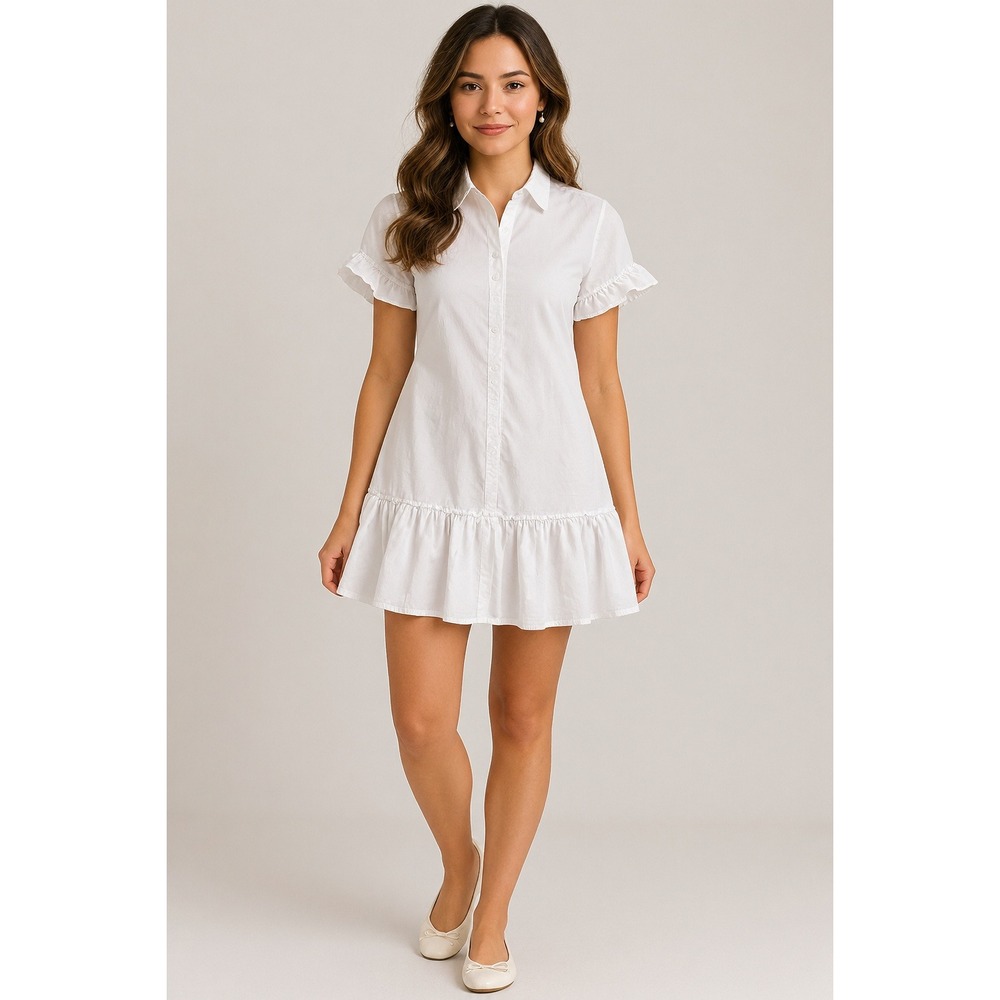 Merokeety White Ruffle Short Sleeve Button Down Mini Dress Medium